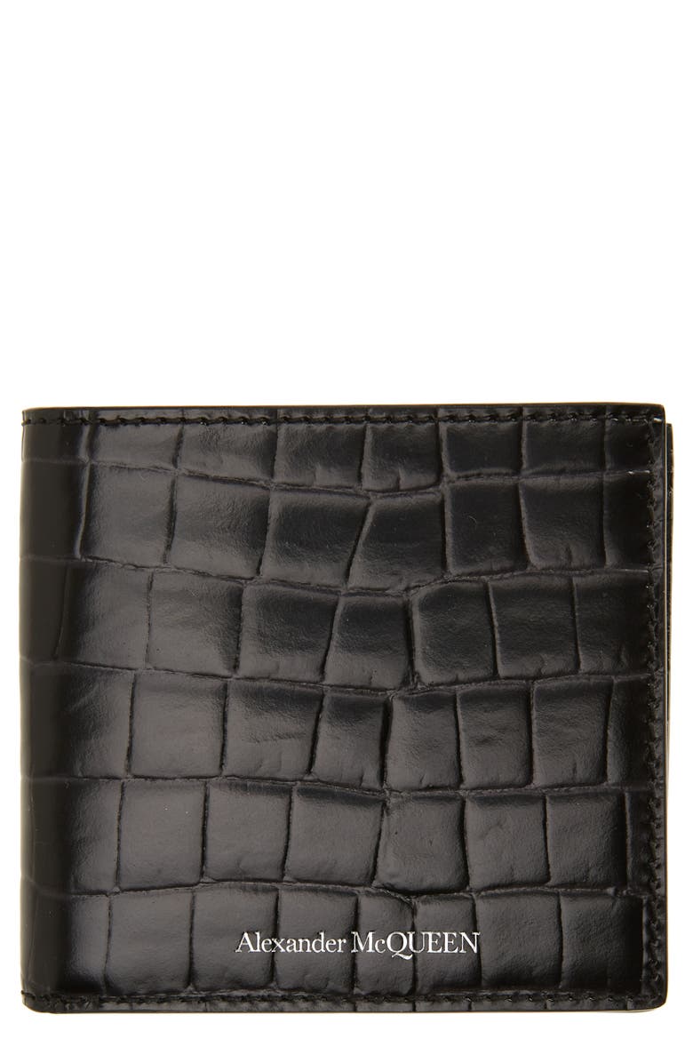 ALEXANDER MCQUEEN Croc Embossed Leather Billfold Wallet, Main, color, BLACK