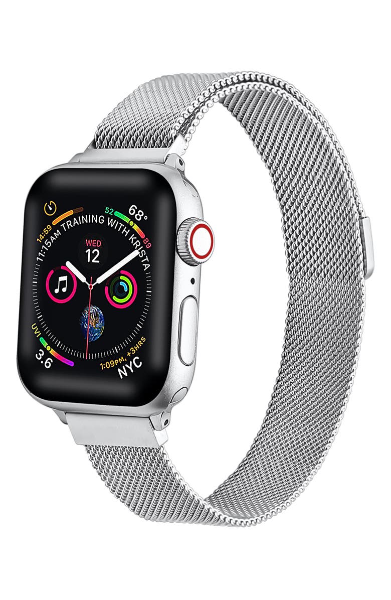 THE POSH TECH Skinny Mesh Bracelet Band for Apple Watch®, Main, color, SILVER-42/ 44MM