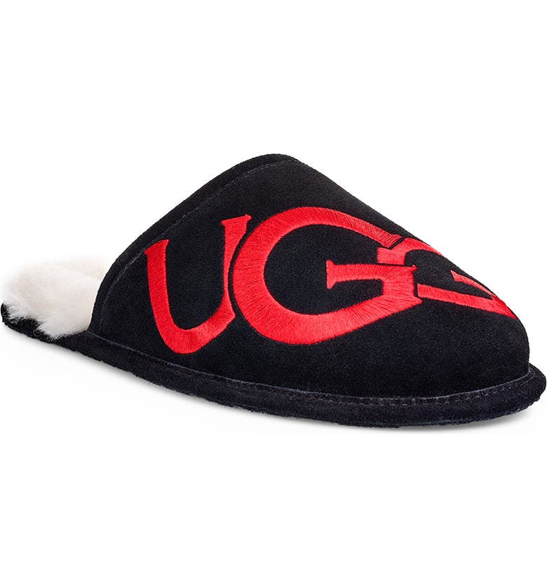 UGG® Logo Scuff Slipper, Main, color, BLACK SUEDE
