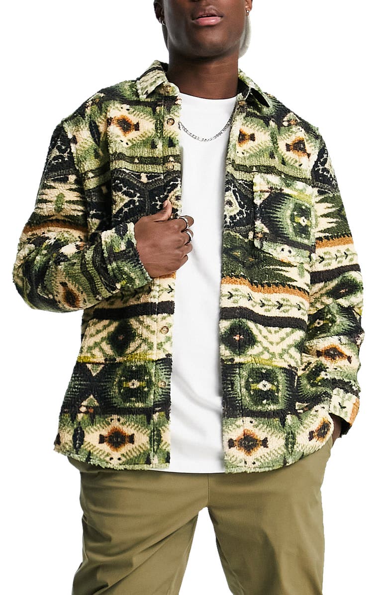 TOPMAN High Pile Fleece Overshirt, Main, color, GREEN MULTI