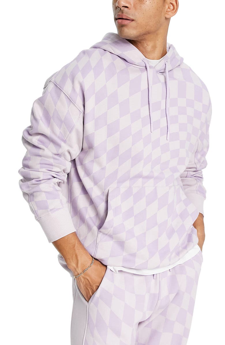 TOPMAN Checkerboard Cotton Blend Hoodie, Main, color, LILAC