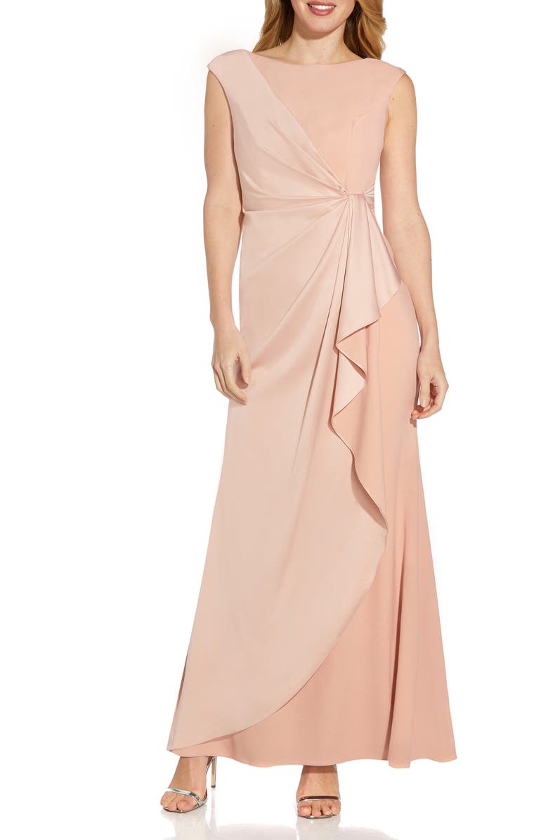 ADRIANNA PAPELL Satin Crepe Draped Gown, Main, color, PETAL ROSE