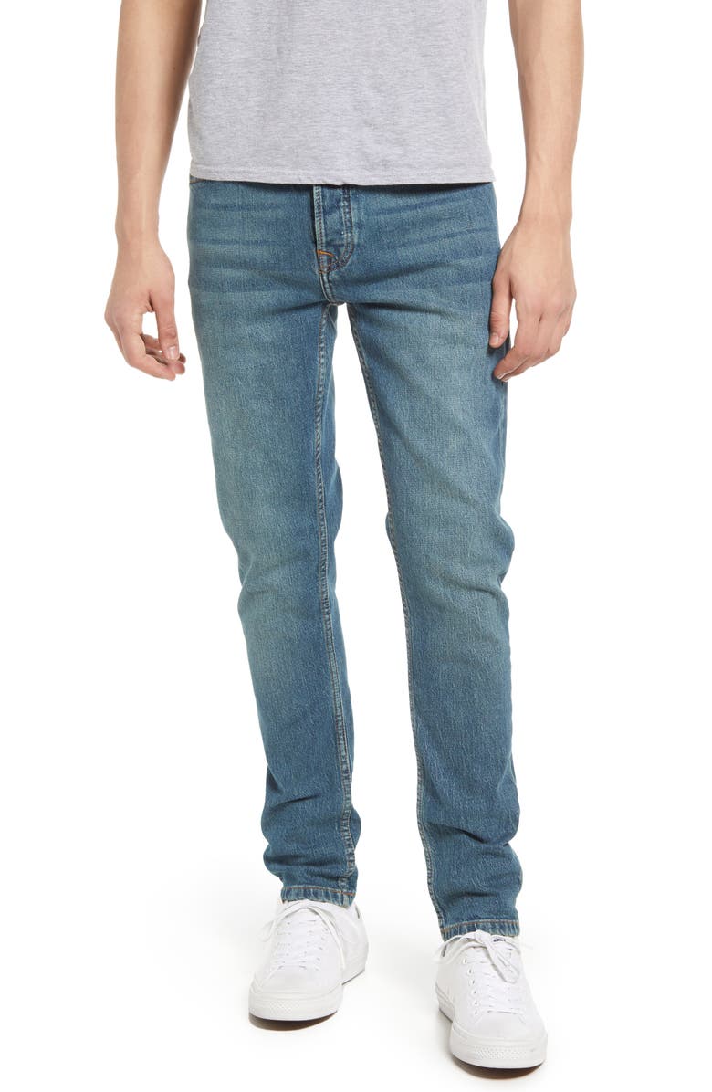 TOPMAN Men's Stretch Denim Skinny Fit Jeans, Main, color, MID BLUE