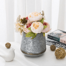 GALVANIZED SILVER METAL PLANTER WITH VINTAGE GOLD TONE RIM