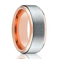 Tungsten Wedding Band - Men and Women - Comfort Fit - Rose Gold &amp; Silver Brushed Beveled Edge - Tungsten Carbide Wedding Ring - 4mm - 6mm - 8mm - 10mm - AydinsJewelry