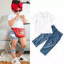 2 Pieces White Polo Shirt Matching Ripped Jeans Set Wholesale 8265554