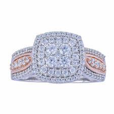 10k White Gold Cushion Halo Cluster Ring with Rose Gold Accent and Double Halo