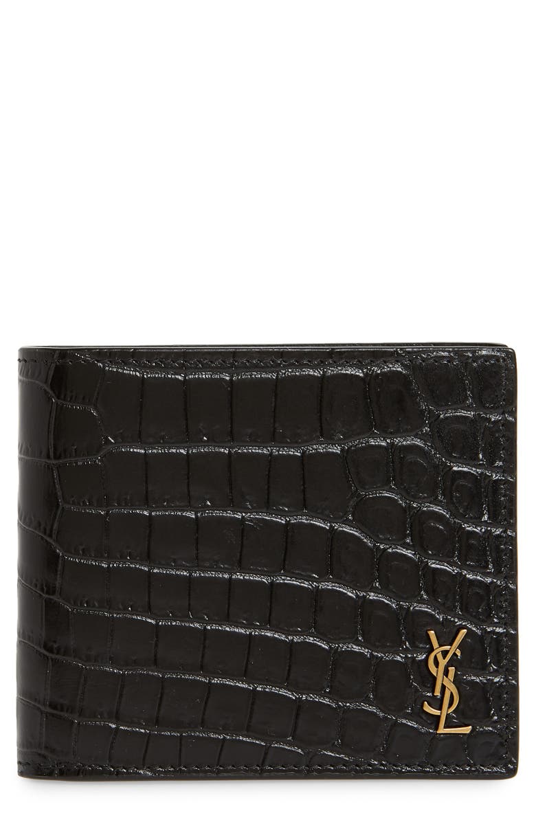 SAINT LAURENT East/West Croc Embossed Leather Bifold Wallet, Main, color, BLACK