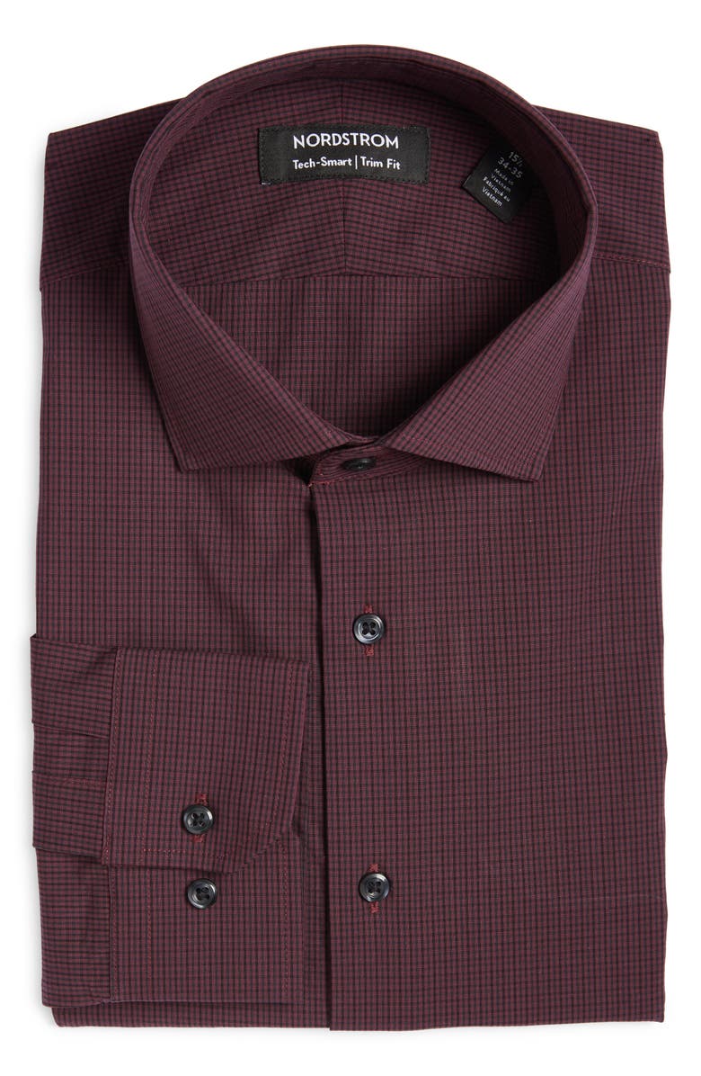 Men's Tech-Smart Trim Fit Stretch Check Cotton Blend Dress Shirt, Main, color, PURPLE- BLACK MICRO TONAL GRID