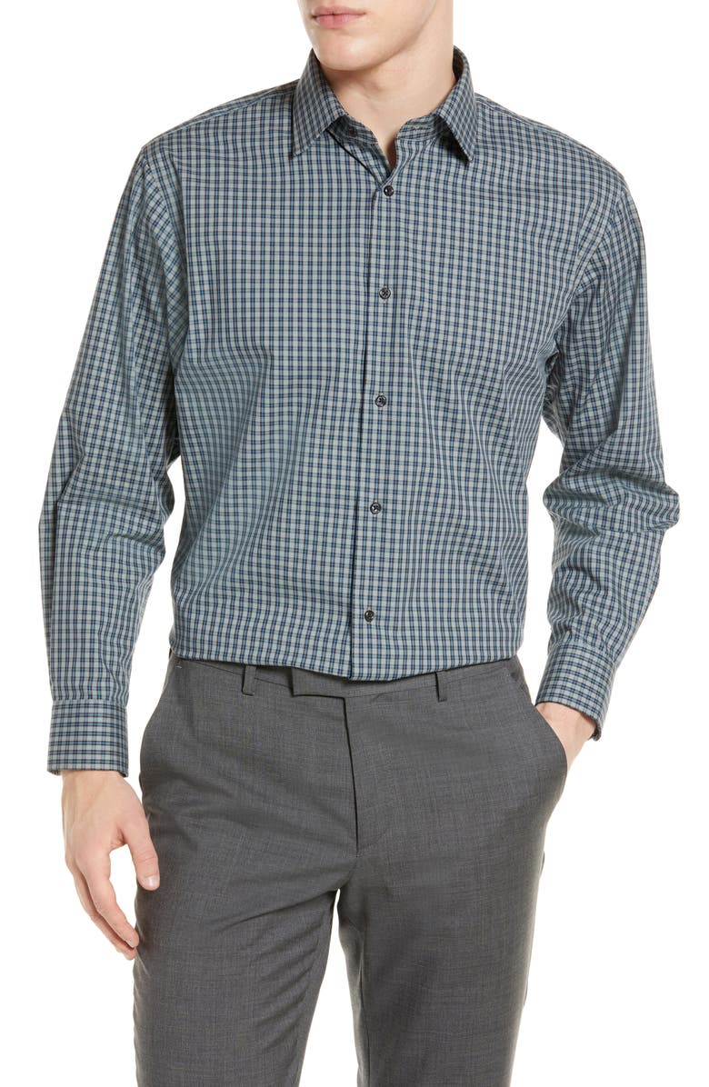 NORDSTROM Men's Plaid Button-Up Shirt,, Main, color, NAVY- TAN SM CLS PLAID