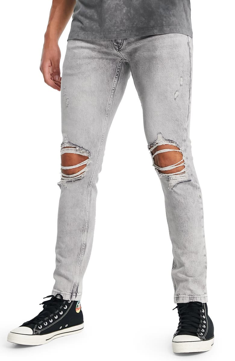 TOPMAN Ripped Stretch Skinny Jeans, Main, color, LIGHT GREY