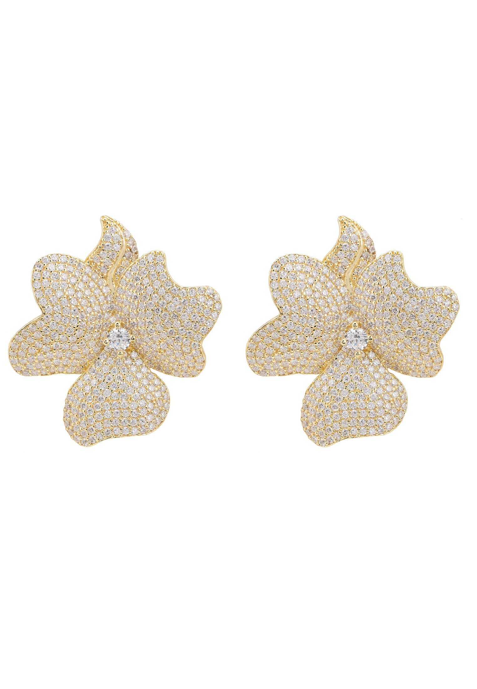 White CZ Flowers Large Stud Earrings Gold Plated