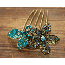 Teal Blue Gold Rhinestone Flower Blossom Hair Comb