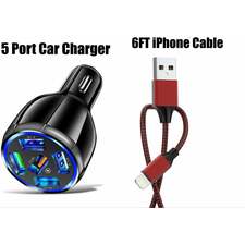 Black 5 Port LED Car Charger and Iphone 6FT MFI Lightning Cable Bundle