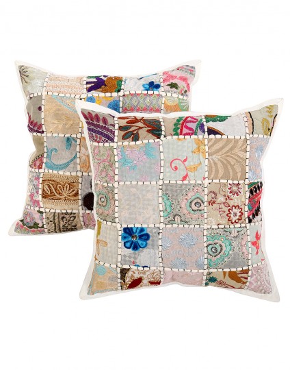 Buy Gorgeous Patch Work White Floral Cushion Cover (Set Of 2 ) Online at Rajrang