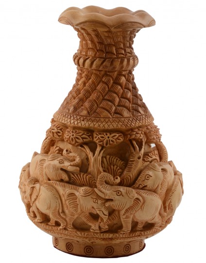 Buy Hand Carved Elephant Wooden Brown Colored Flower Vase Online at Rajrang