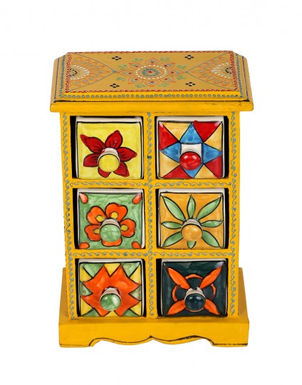 Buy Yellow Wood Blue Pottery Floral Hand Painted Drawer Set Online At Rajrang