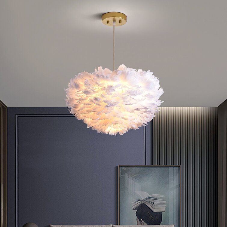 3 - Light Unique / Statement Globe Chandelier with Feather Accents