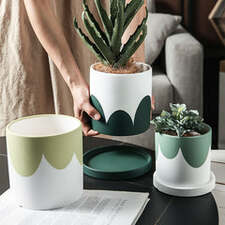 Nordic Round Hand Paint Lace Ceramic Flower Pot Cactus Succulent Light Luxury Green Plant Flower Pot With Tray