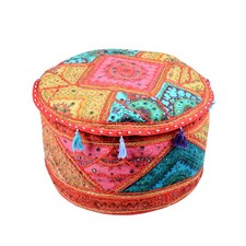 Buy Vintage Floral Patch Work Cotton Olive Green Round Pouf Cover Online At Rajrang