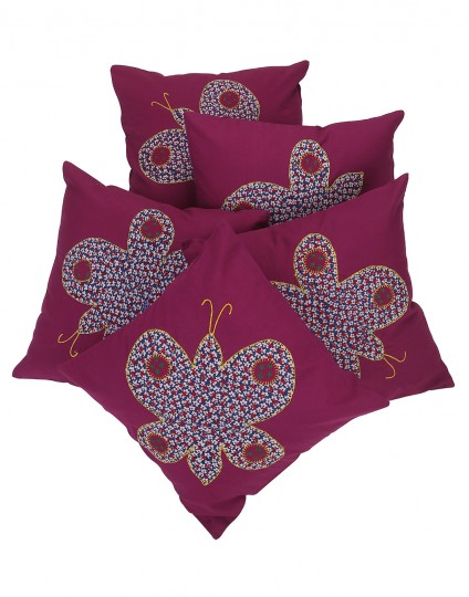Shop Embroidered Butterfly Cotton Violet Cushion Cover (Set Of 5 )