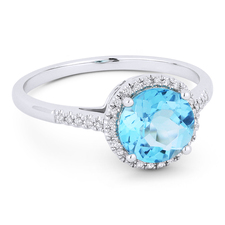 Lady's White Gold 14 Karat Ring With 34=0.07Tw Round Diamonds and One 1.59Ct Round Blue Topaz