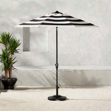 Shadow Round Black and White Stripe Umbrella with Base (Open Larger View)
