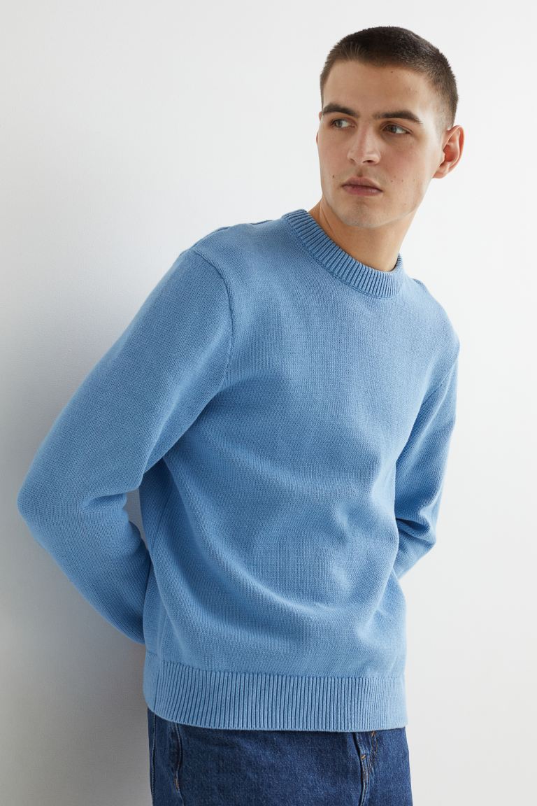 Relaxed Fit Fine-knit Cotton Sweater - Light blue - Men