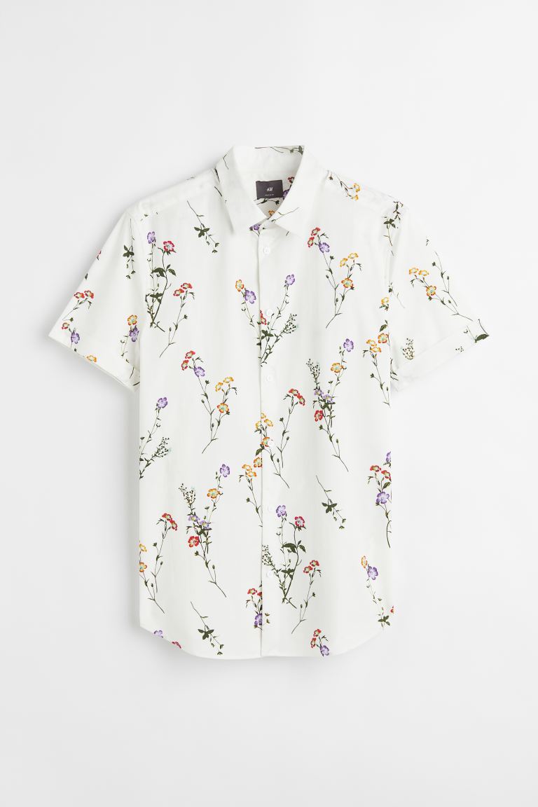 Muscle Fit Cotton Shirt - White/flowers - Men 