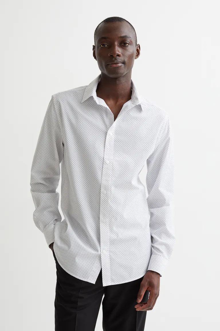 Slim Fit Easy-iron Shirt - White/black dotted - Men 
