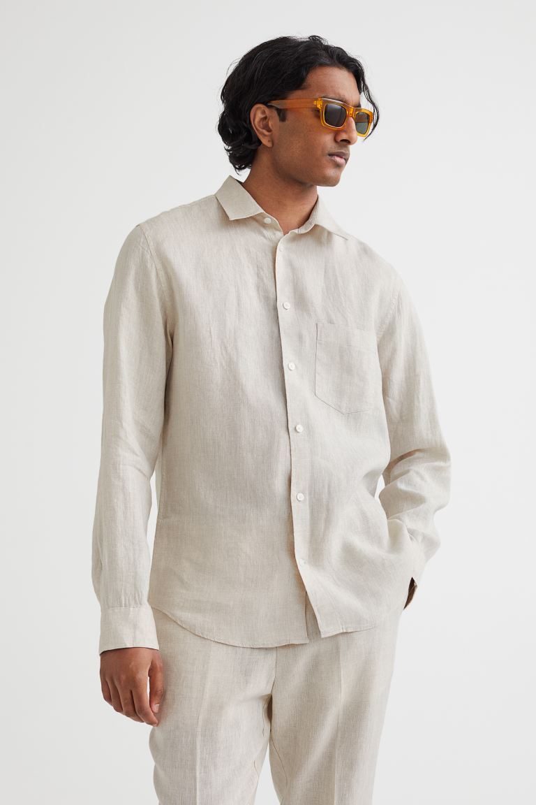 Regular Fit Linen Shirt - Beige - Men 