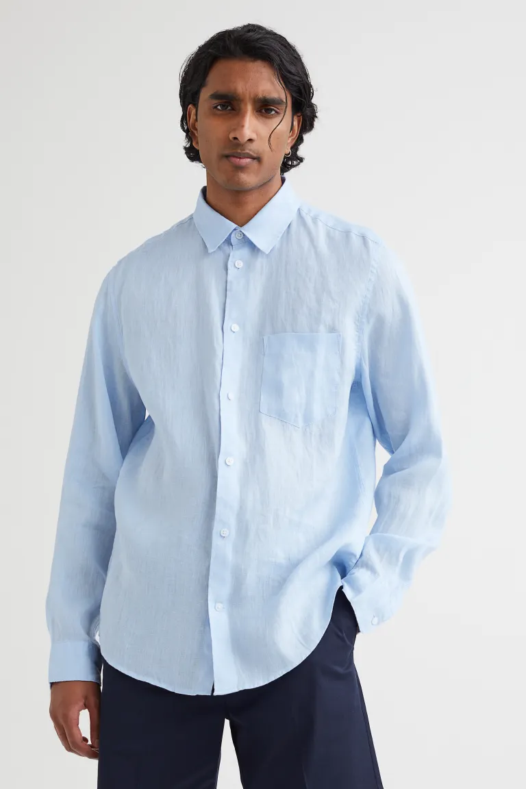 Regular Fit Linen Shirt - Light blue - Men 