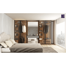 Glass &amp; Wooden Hinged Wardrobe With Dressing Unit in Dark Select Walnut &amp; Dust Grey Finish