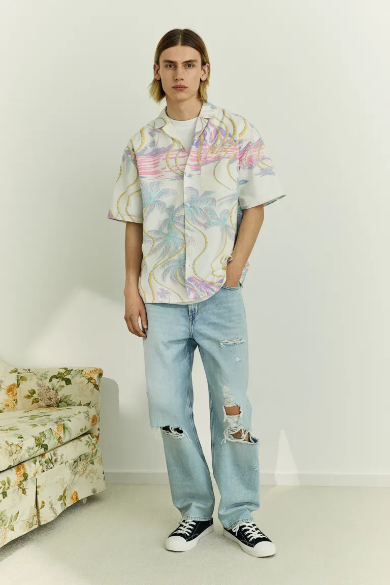 Relaxed Fit Linen-blend Resort Shirt - White/Patterned - Men | H&amp;M US 2