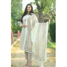 Fully Stitched Printed Straight Kurta with Pant &amp; Printed Dupatta Set For Women - Girls ( Cream Color)