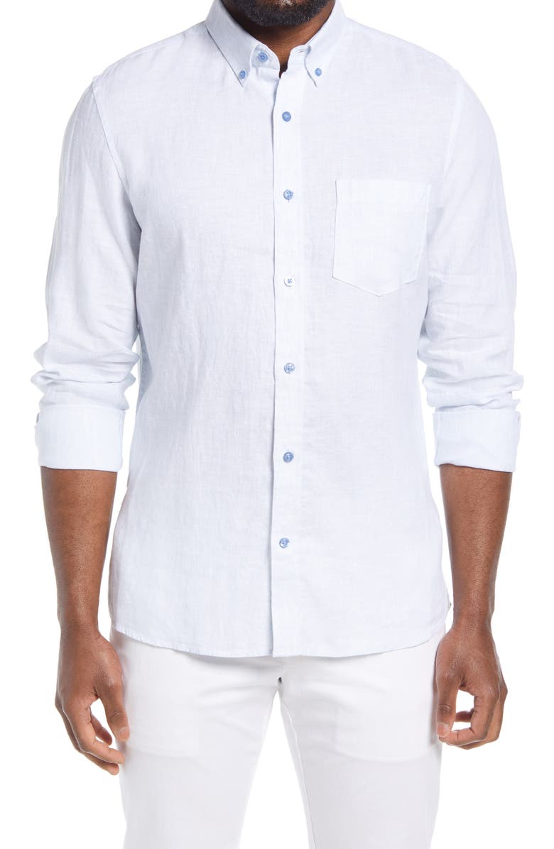 Trim Fit Solid Linen Button-Down Shirt, Main, color, BLUE SKYWAY