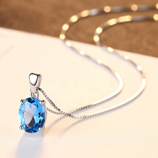 Blue Topaz Stone Pendant Sterling Silver Necklace - DANG0003
