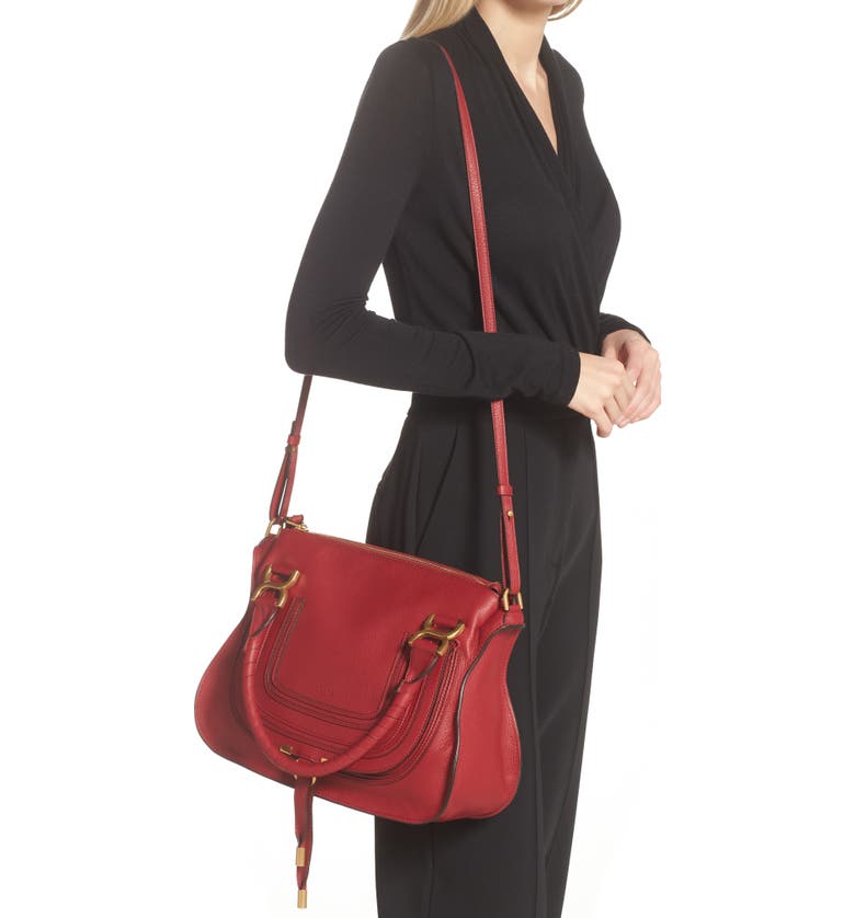Medium Marcie Calfskin Leather Satchel, Main, color, SMOKED RED