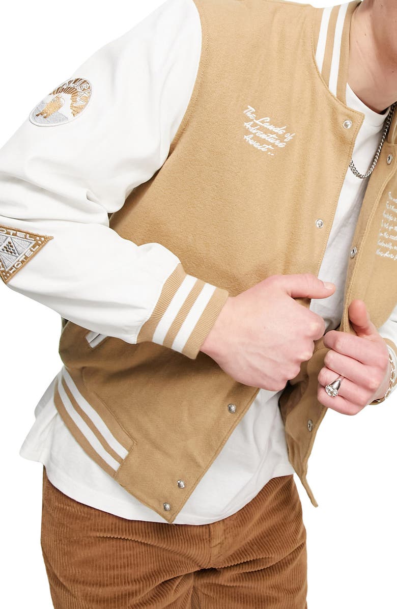 ASOS DESIGN Varsity Wool Blend Bomber Jacket, Main, color, STONE
