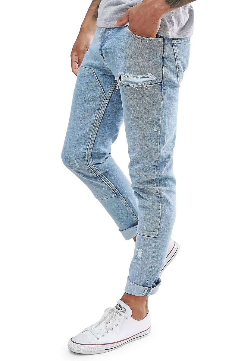 ASOS DESIGN Distressed Skinny Fit Stretch Jeans, Main, color, MEDIUM BLUE