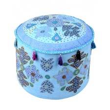 Attractive Floral Patch Work Cotton Blue Round Pouf Cover