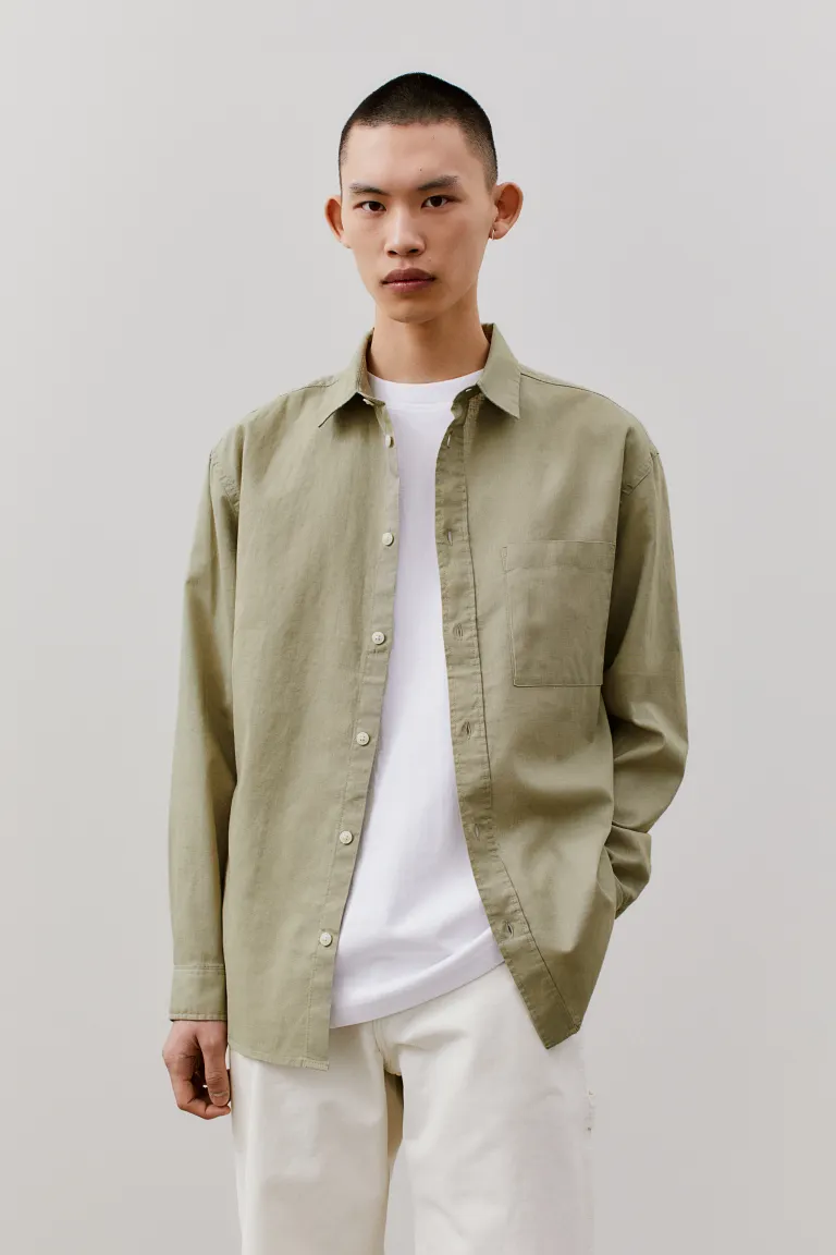 Relaxed Fit Linen-blend Shirt - Light khaki green - Men 