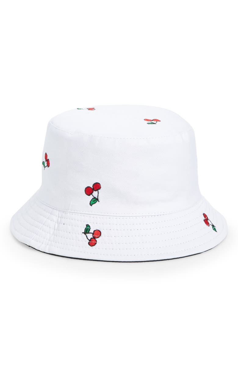 RAINBOW UNICORN BIRTHDAY SURPRISE Reversible Embroidered Cherry Bucket Hat, Main, color, WHITE