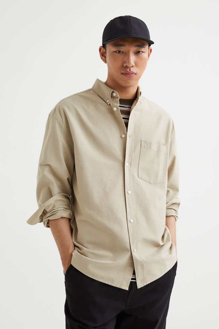 Relaxed Fit Oxford Shirt - Beige - Men 