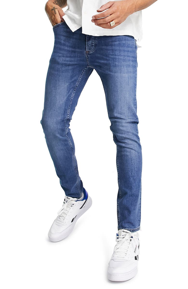 TOPMAN Skinny Stretch Jeans, Main, color, MEDIUM BLUE