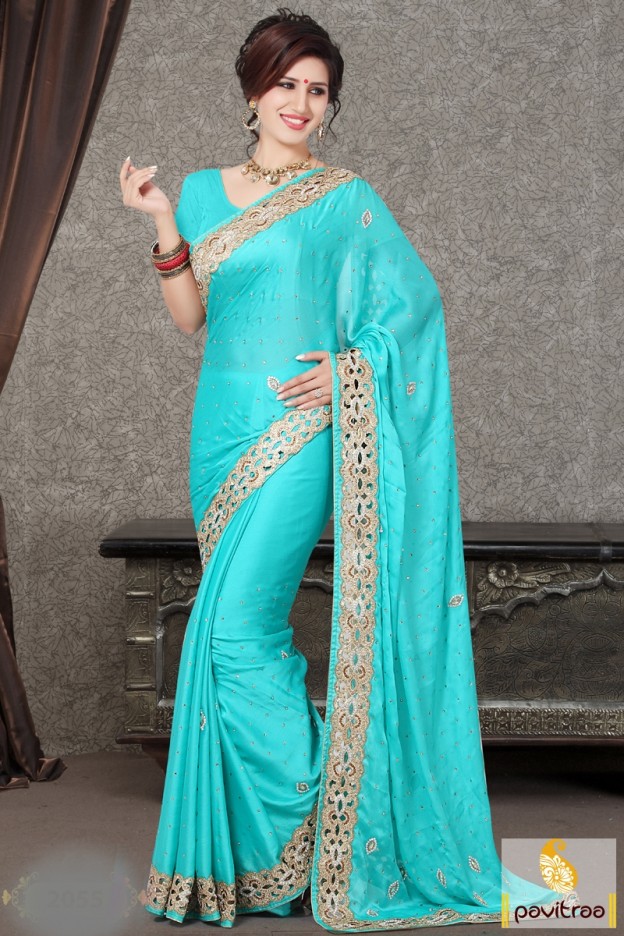 Sky Color Net Saree With St...