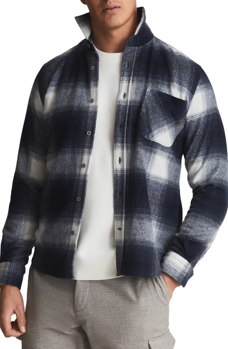 REISS Daytona Plaid Wool Blend Flannel Button-Up Shirt, Main, color, NAVY