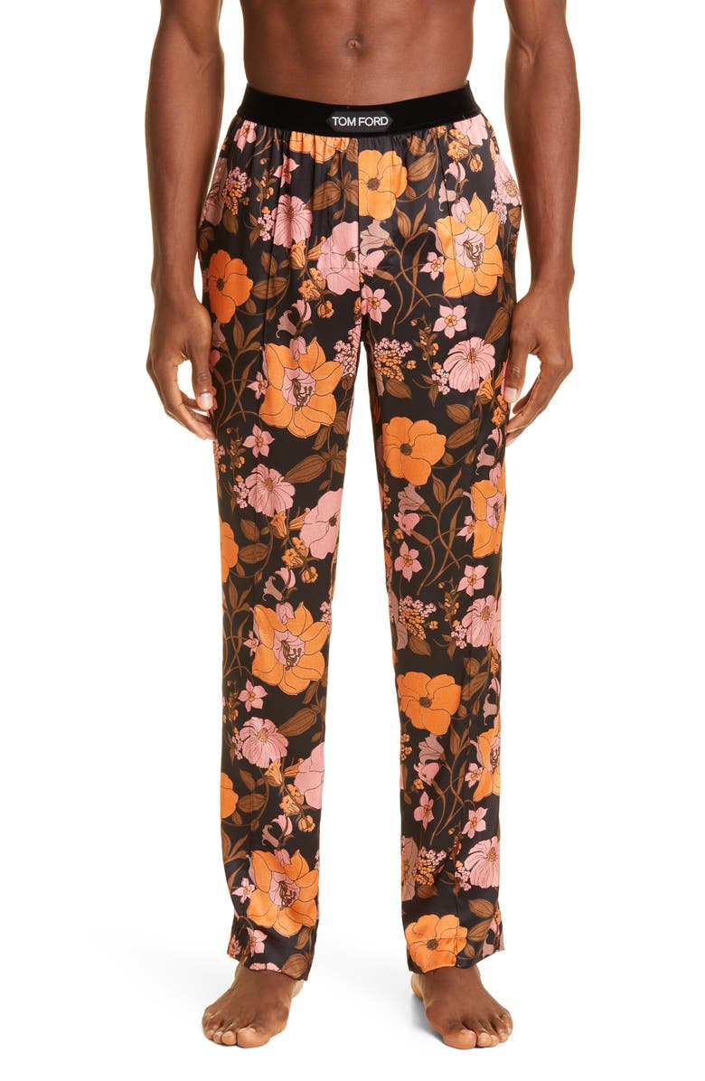 TOM FORD Floral Print Stretch Silk Pajama Pants, Main, color, ANTIQUE PINK