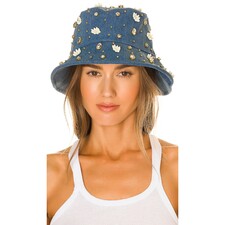 Lele Sadoughi Petunia Embellished Bucket Hat in Denim | REVOLVE