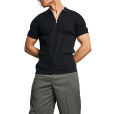 TOPMAN Ribbed Zip Polo, Main, color, BLACK
